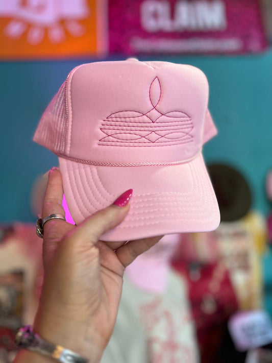 Boot Stitch Trucker Cap - Solid Baby Pink with Fuchsia stitching