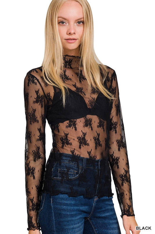 "LACEY" THE LACE SEE THROUGH LAYERING TOP  BLACK