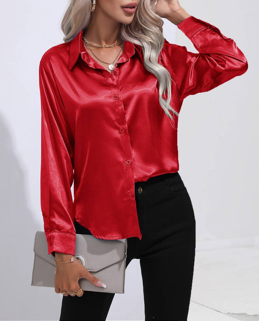 Satin Faux Silk Long-Sleeved Shirt Red