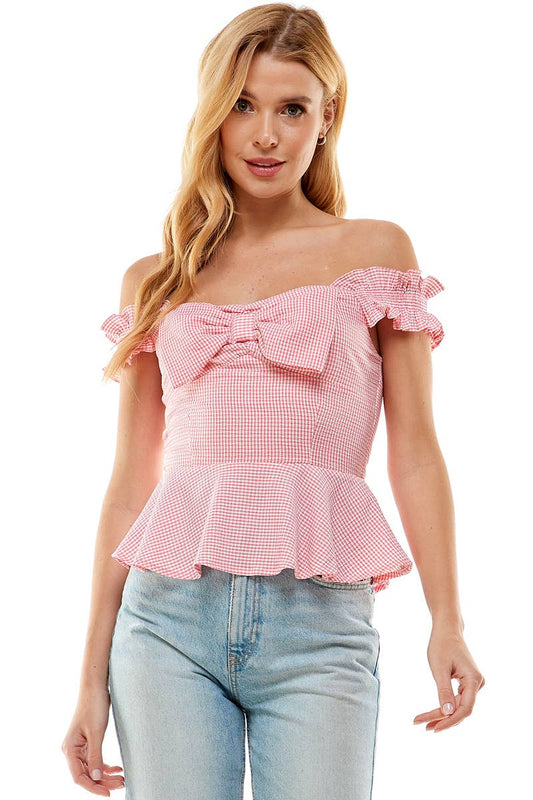 "Ellie Mae" - Off the Shoulder Bow Peplum Top